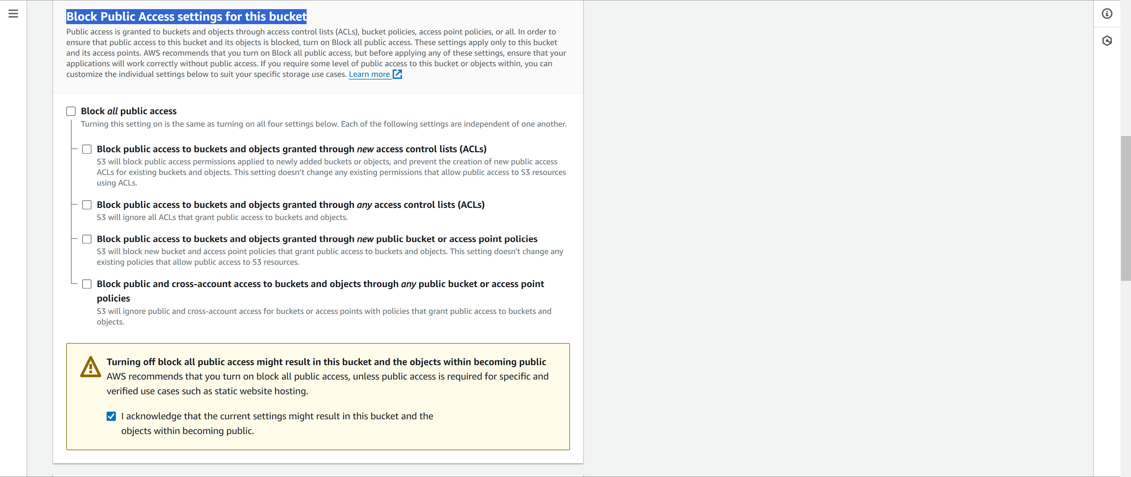 picture of the Block Public Access settings for this bucket configuration view, with the acknowledgement checked